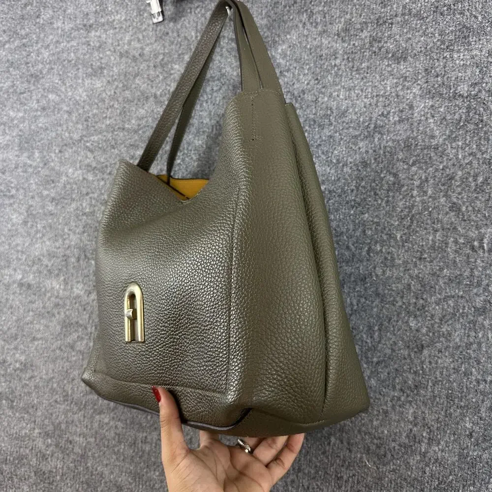 Furla Primula Hobo Bag Pebbled Leather Shoulder Tote Green Luxury Chic Office